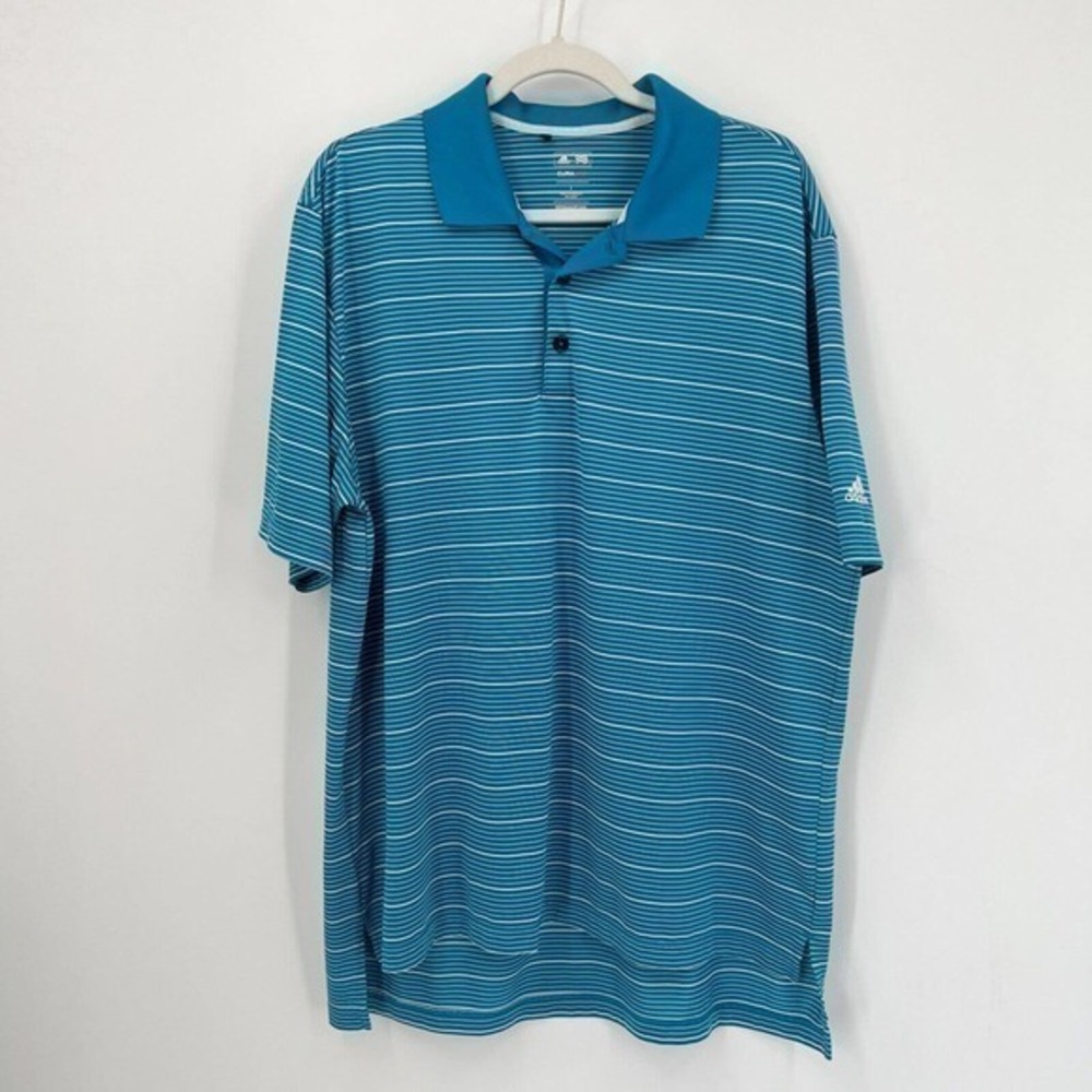 Adidas Polo Shirt Large Blue White Striped Golf Short Sleeve Climalite Casual
